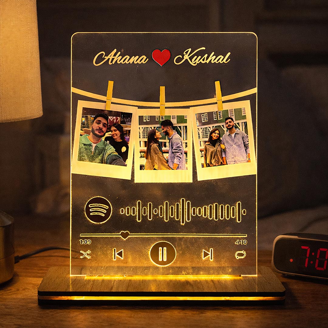 Personalized Spotify Style Acrylic LED Lamp with 3 Photos – Custom Name & Picture Music Plaque Night Light (8x6 Inch) | Love Craft Gifts