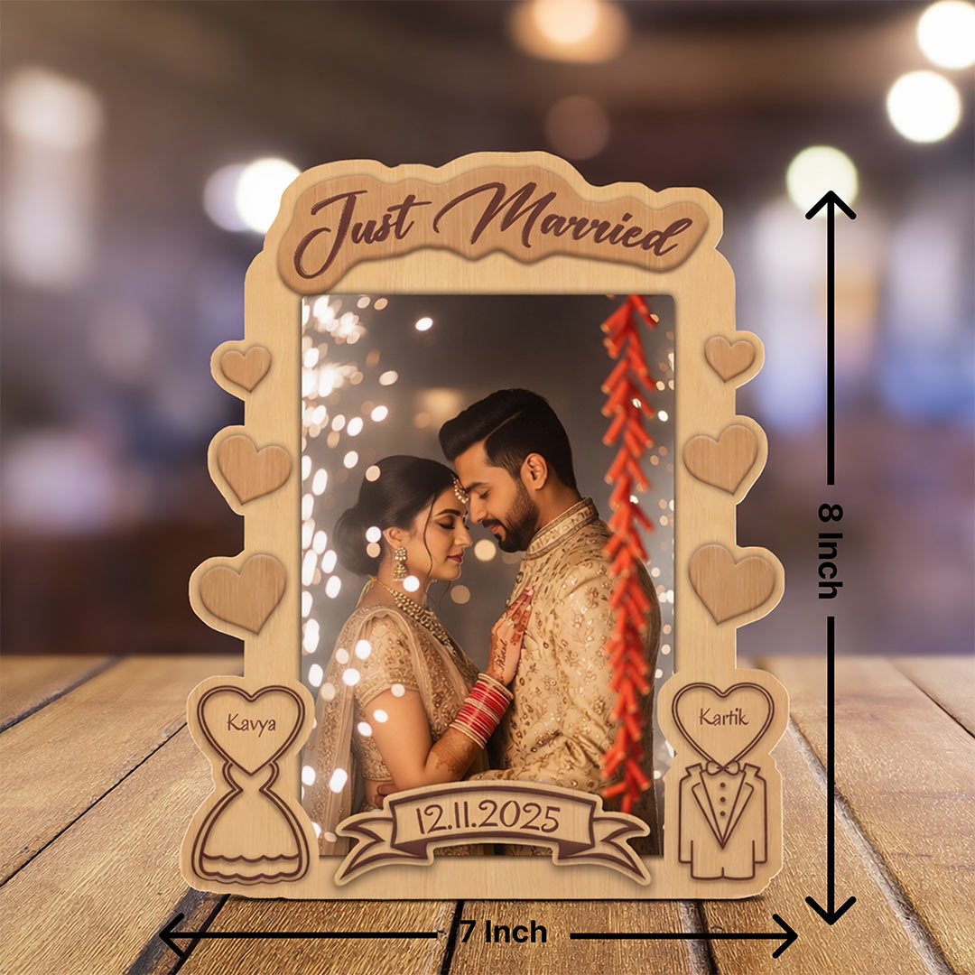 Personalized Just Married Wooden Photo Frame – Custom Name, Date & Picture Wedding Table Top Stand (8x7 Inch) | Love Craft Gifts