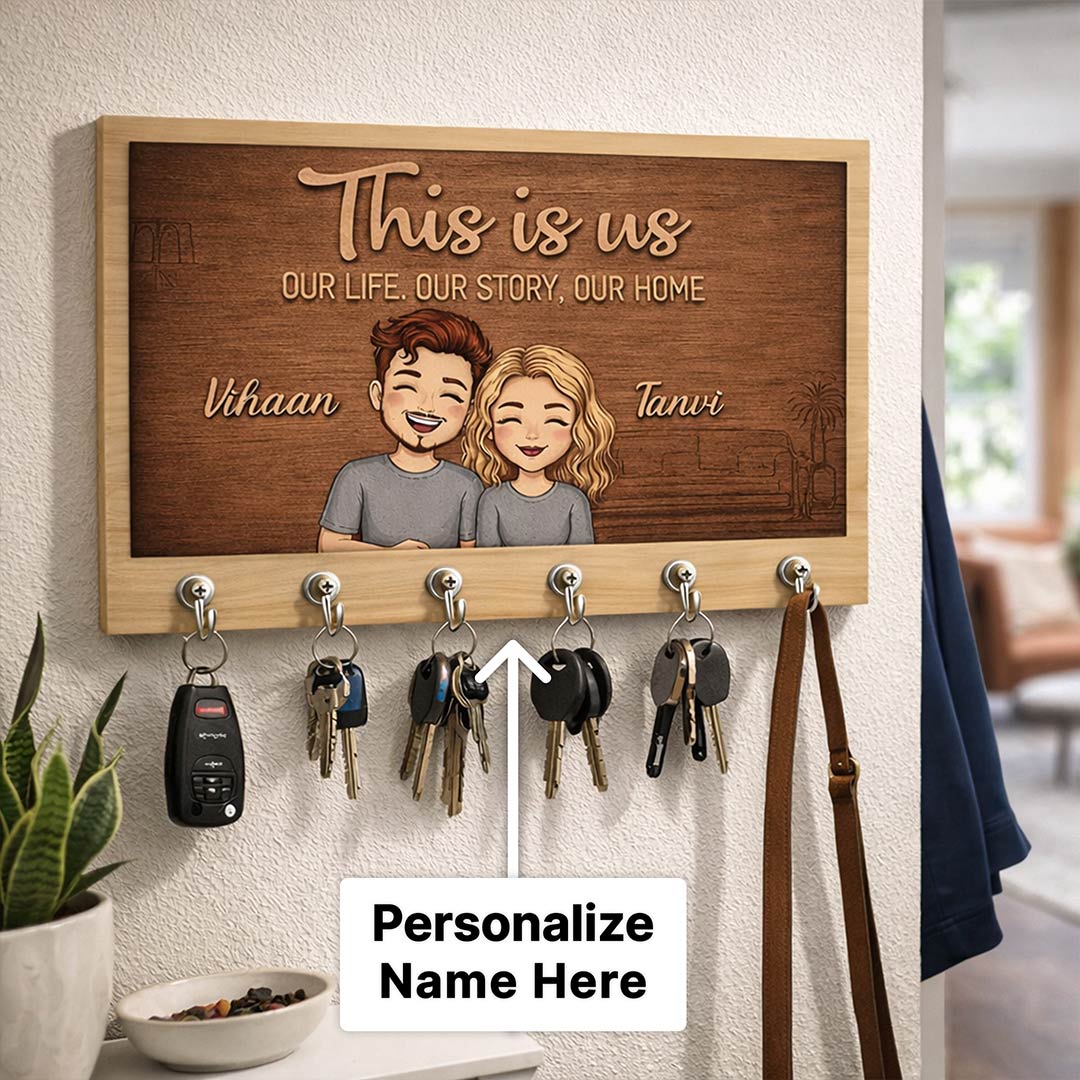 Personalized “This Is Us” Wooden Key Holder – Custom Couple Name Wall Key Hanger (10x6 Inch) | Love Craft Gifts