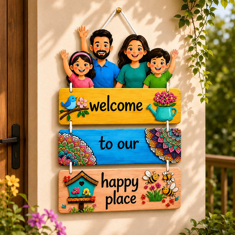 Welcome to Our Happy Place Family Wall Hanging 9x12" | Home Entrance Decor | Love Craft Gifts™
