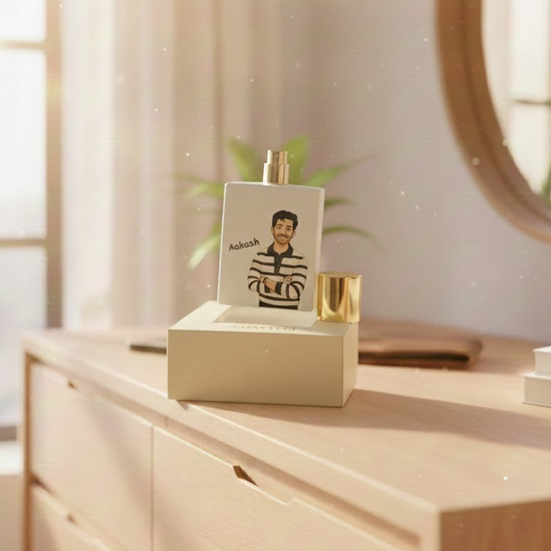 Customized Bellavita White Oud Perfume Bouquet | Personalized with Name & Cartoon Illustration