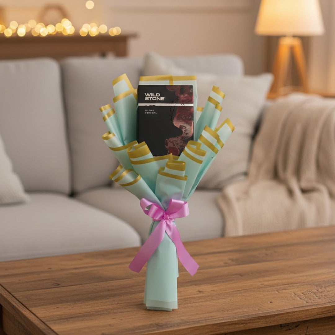 Customized Wild Stone Perfume Bouquet – With Name & Illustrated Photo | Premium Gift Bouquet