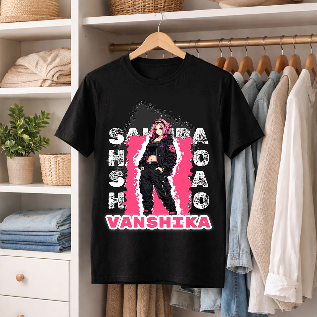Personalized Sakura Haruno Anime Name T-Shirt for Women – Custom Printed Black Tee | Love Craft Gifts