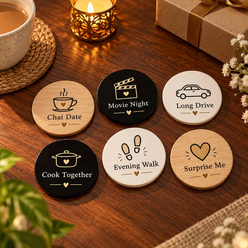 Wooden & Acrylic Couple Coaster Set with 6 Fun Relationship Prompts | Love Craft Gifts™