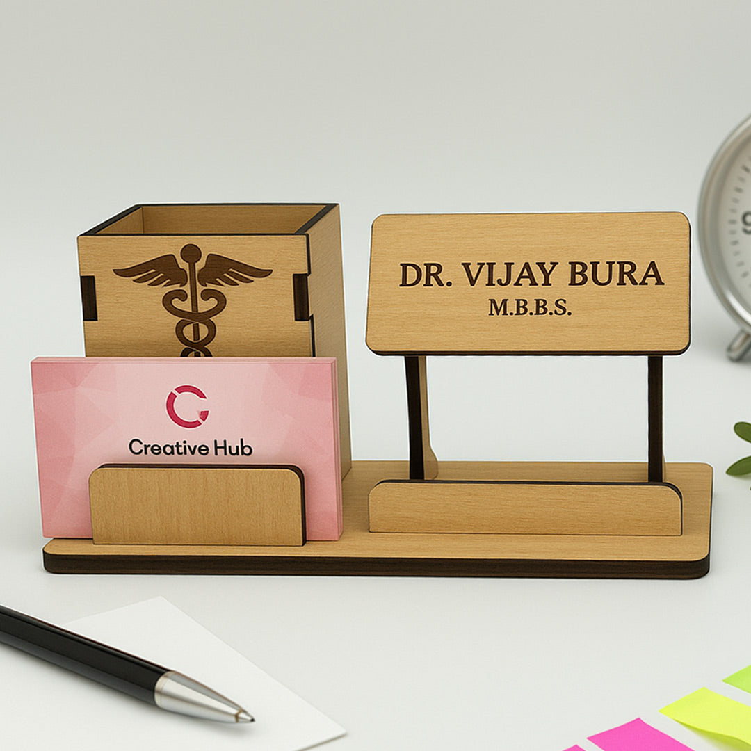 Personalized Wooden Desk Nameplate & Organizer for Doctors | Love Craft Gifts