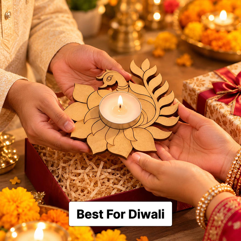 Wooden Diwali Diya Stand Approx. 5x5" with Peacock Lotus Artwork | Love Craft Gifts™