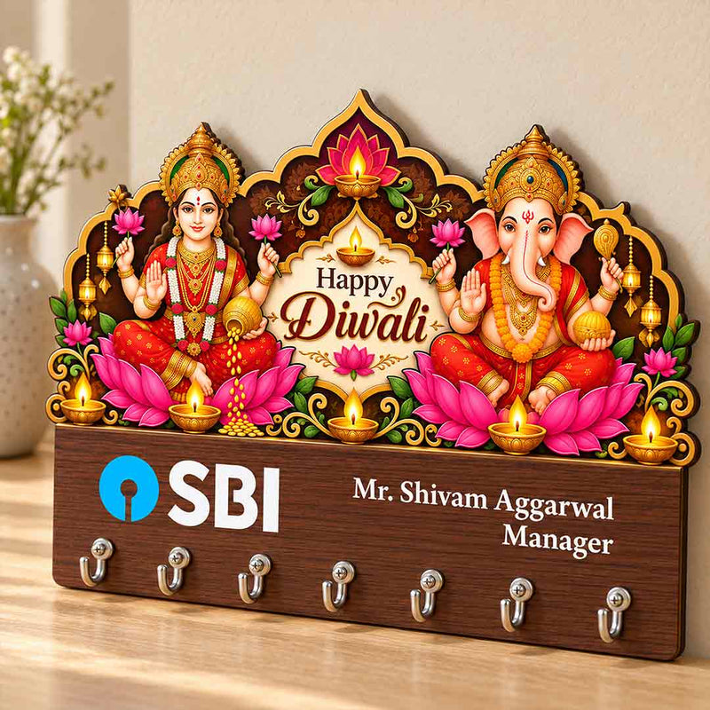 Wooden Lakshmi Ganesha Key Holder 11x8" with Custom Name & Designation | Love Craft Gifts™