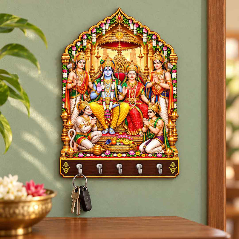 Wooden Ram Darbar Key Holder 7x10" with 5 Hooks for Home Entrance & Pooja Decor | Love Craft Gifts™