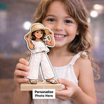 Personalized Kids Cartoon Acrylic Photo Stand with Wooden Base – Custom Child Picture Cutout Table Top Gift (7x4 Inch) | Love Craft Gifts