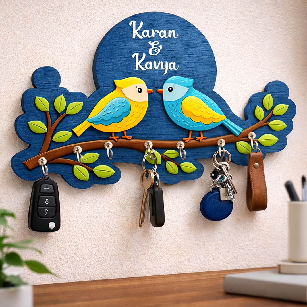 Personalized Birds Wooden Key Holder Wall Hanger with Names – Custom 3D Decorative Key Rack (10 x 6 Inch) | Love Craft Gifts