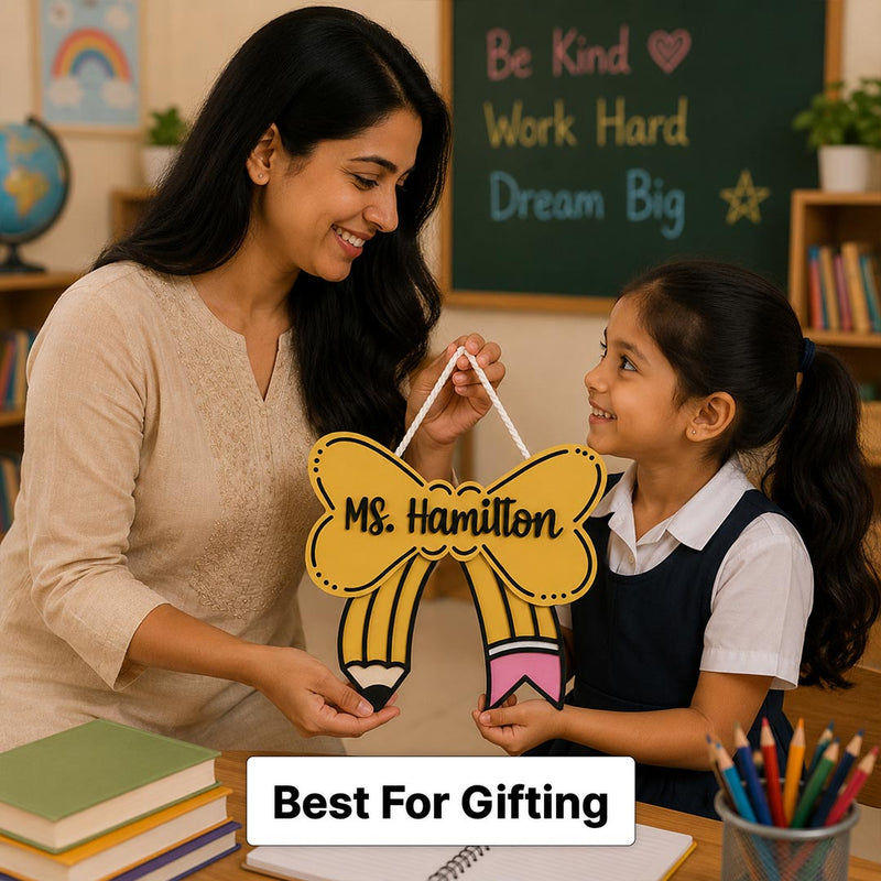 Yellow Bow Teacher Wall Hanging 8x12" | School & Classroom Decor | Love Craft Gifts™