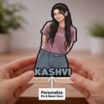 Personalized Cartoon Girl Photo Wooden Table Stand with Name (8 Inch) Custom Portrait Desk Décor Gift for Girlfriend, Sister & Best Friend | Love Craft Gifts