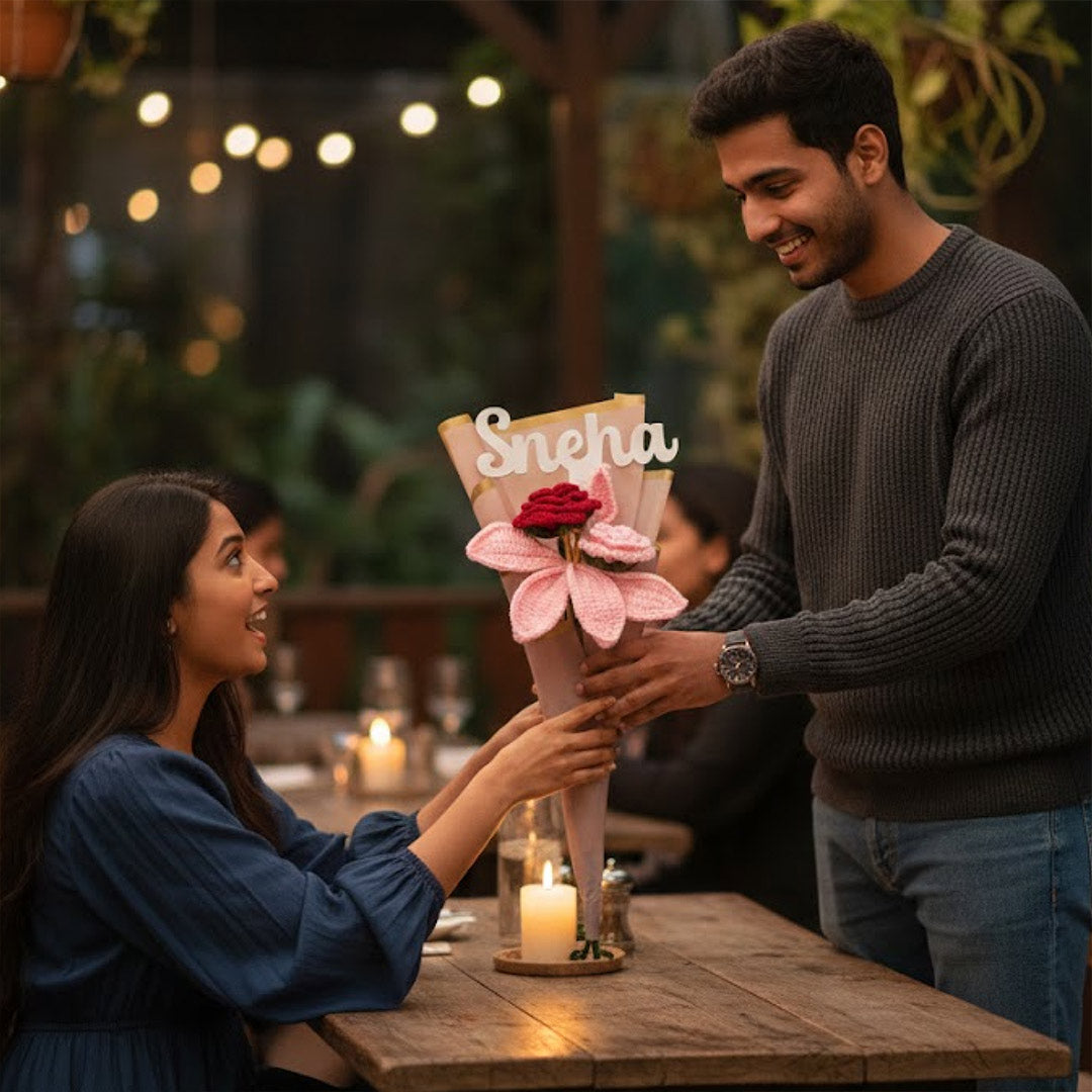 Personalized Pink Rose Crochet Bouquet – Handmade Forever Flower Gift | Love Craft Gifts