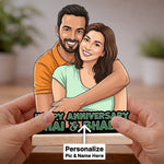 Personalized Anniversary Cartoon Wooden Table Stand – Custom Photo Cutout Gift for Bhai & Bhabhi (6x8 Inch) | Love Craft Gifts™