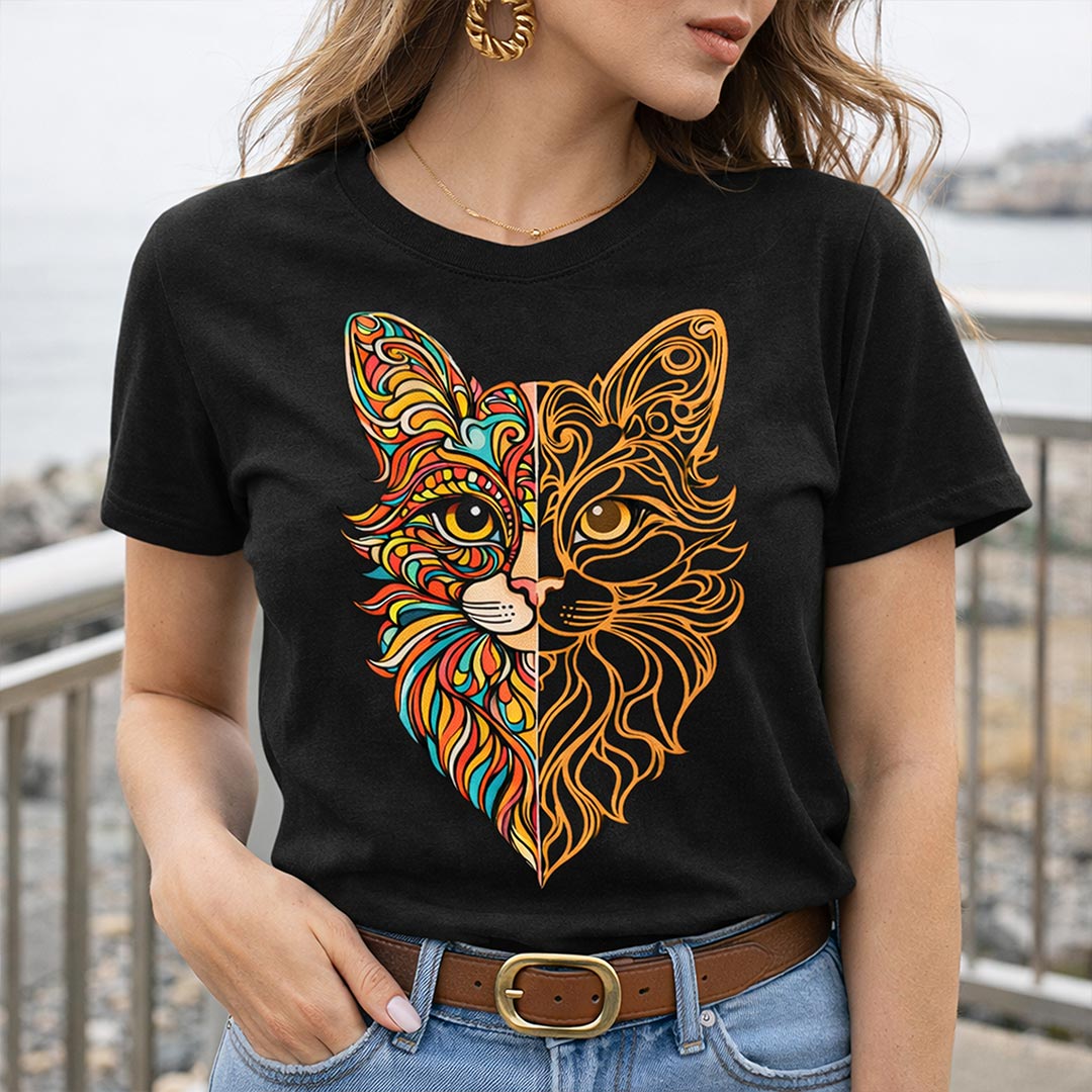 Artistic Cat Face Graphic Print Black T-Shirt – Unisex Casual Wear | Love Craft Gifts