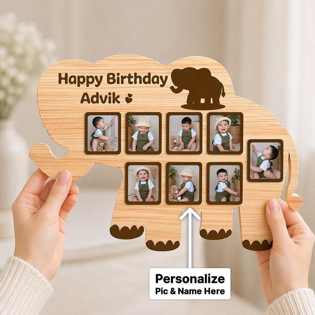 Personalized Elephant Baby Photo Frame – Custom Name Birthday Memory Wooden Wall Frame (18x12 Inch) | Love Craft Gifts™