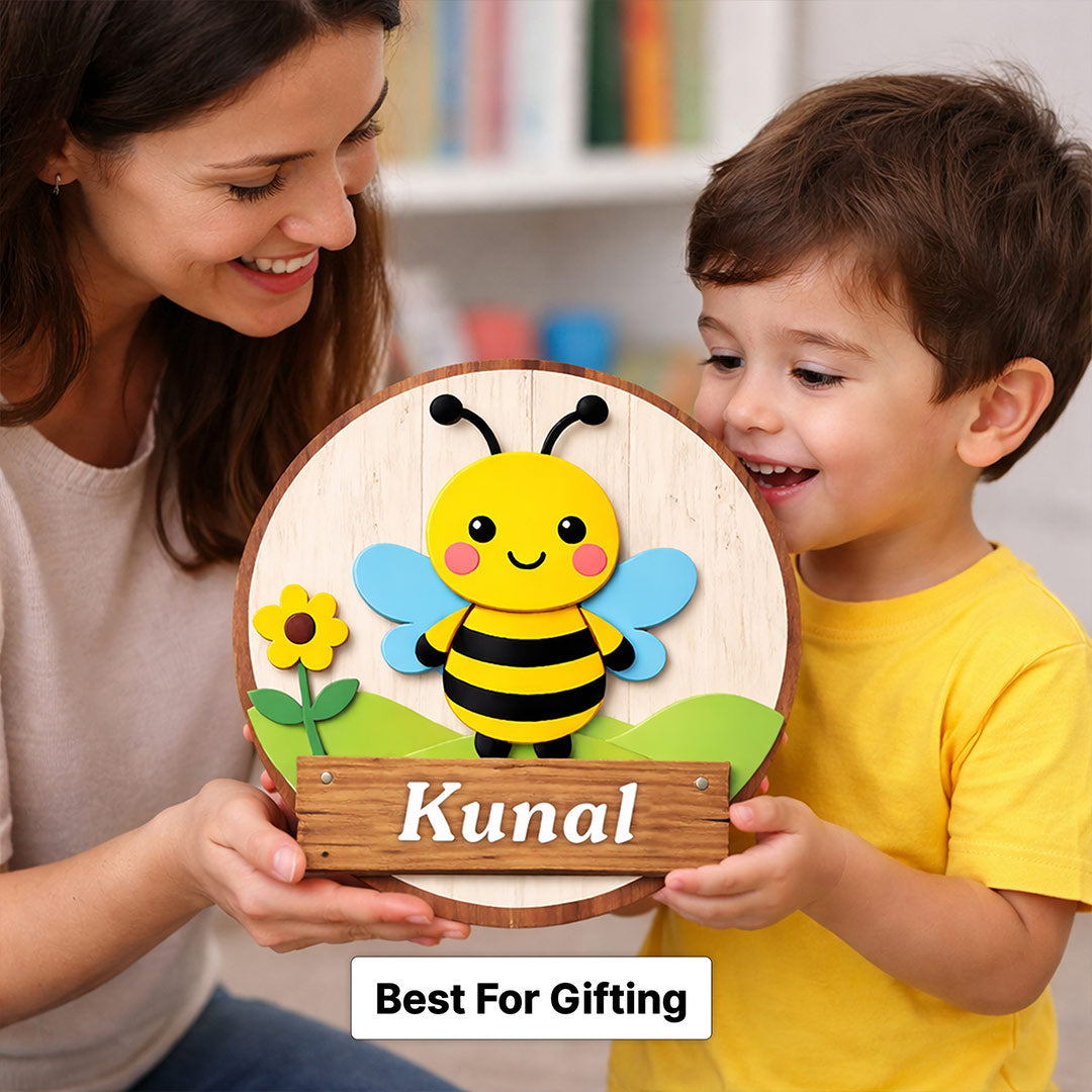 Personalized Kids Bee Name Wooden Door Sign Cute Cartoon Wall Decor 10x10" | Love Craft Gifts