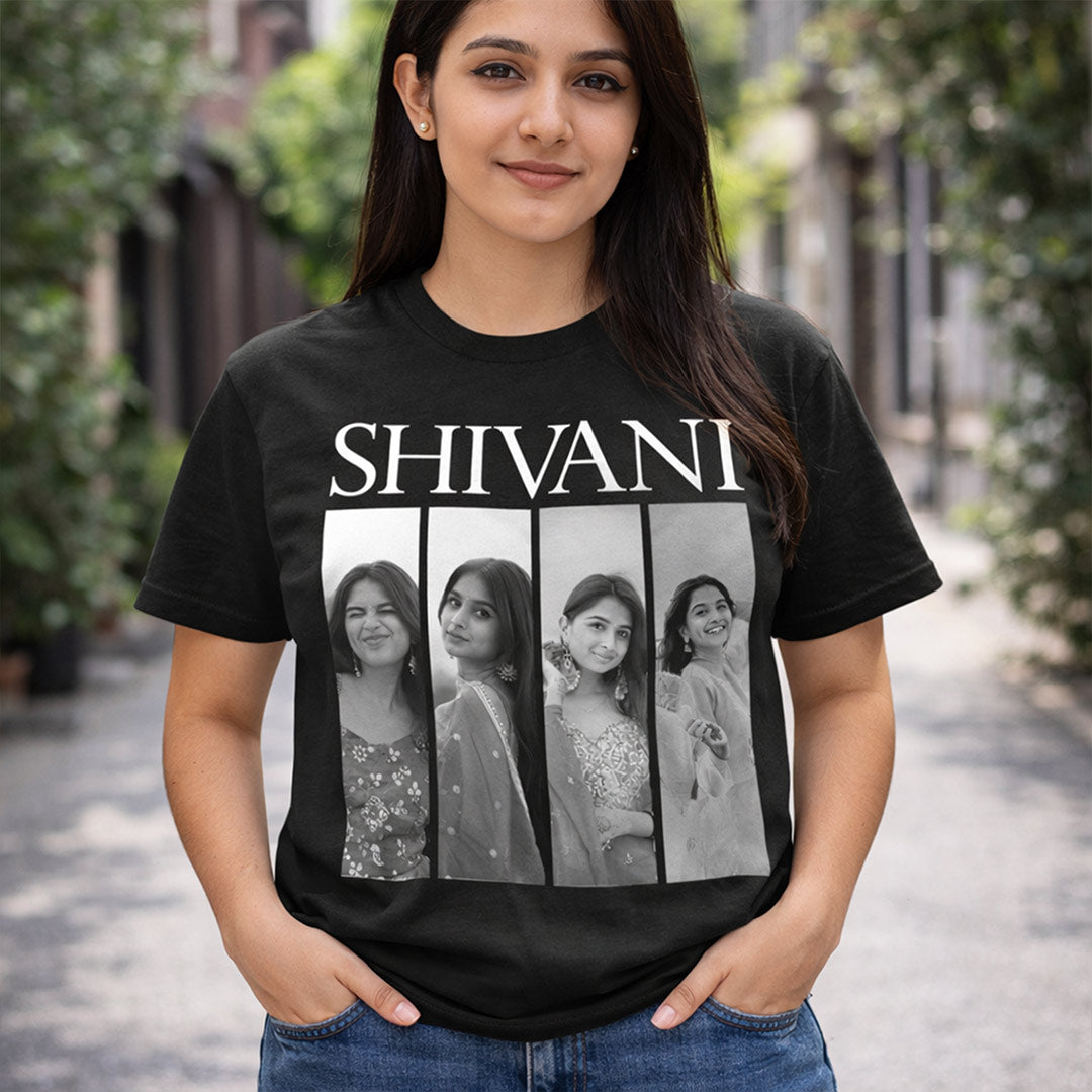 Personalized Name & Photo Collage Black T-Shirt – Custom Memory Print | Love Craft Gifts