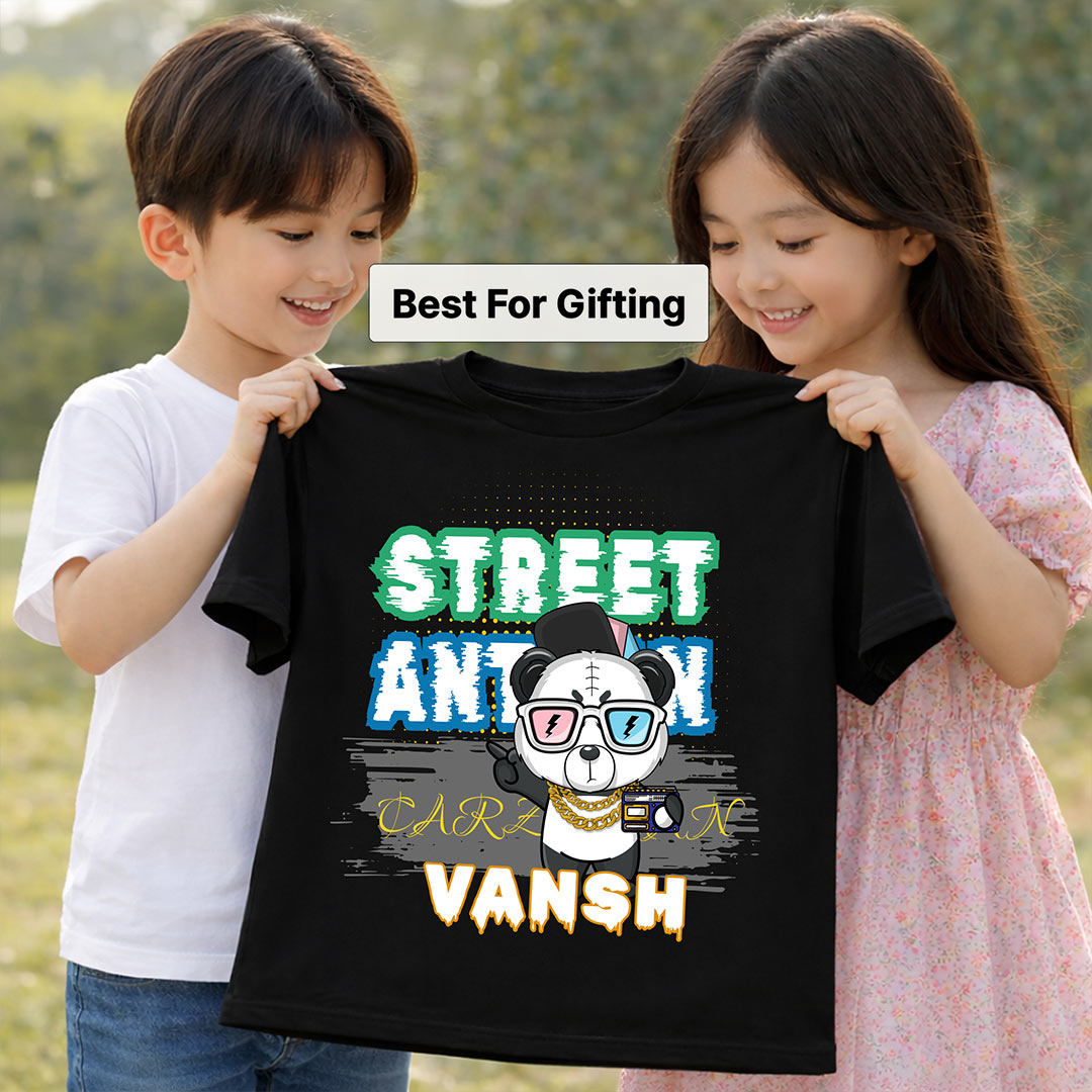 Personalized Street Animal Boys Black T-Shirt – Custom Name Printed Cool Panda Tee for Kids | Love Craft Gifts