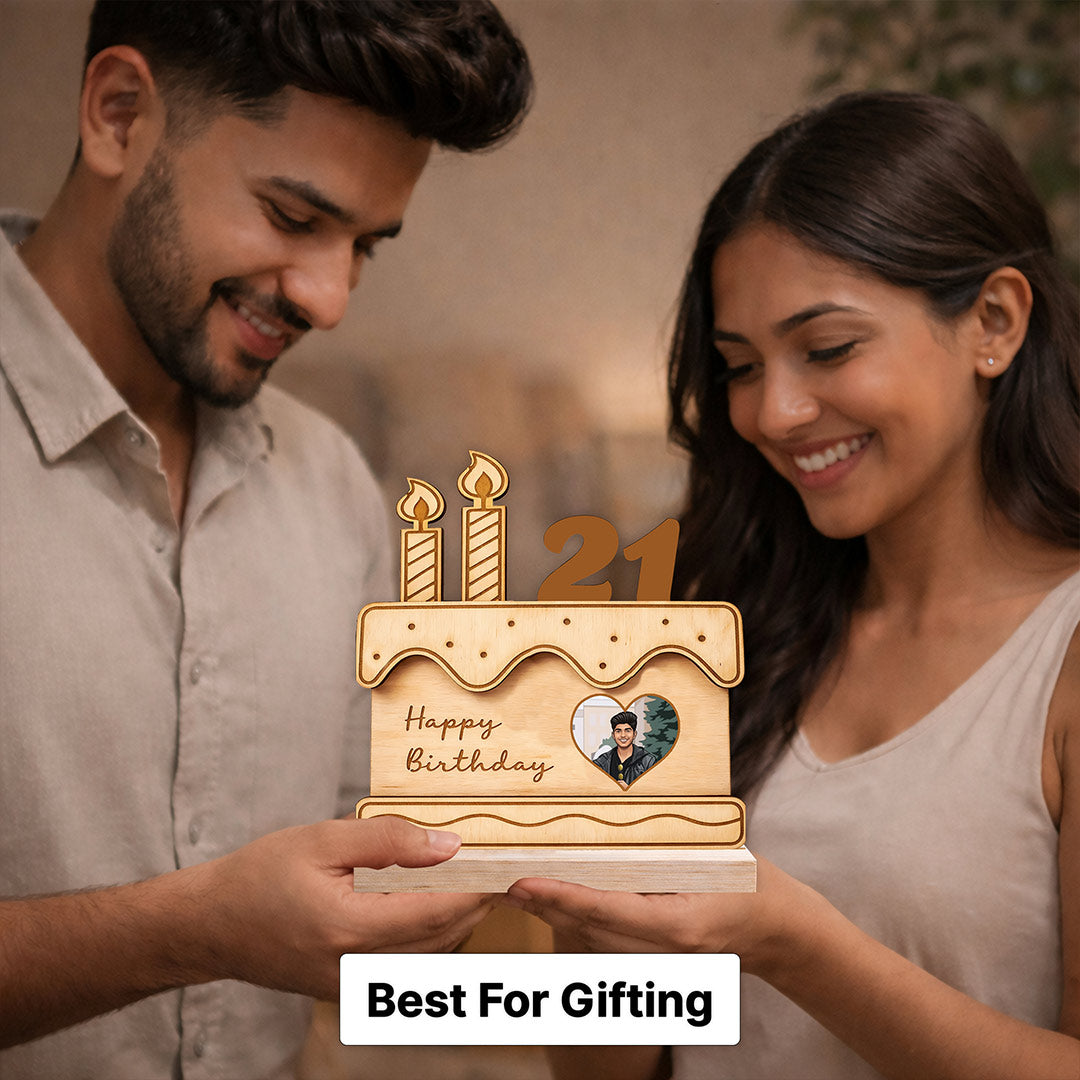 Personalized Birthday Cake Wooden Cutout Stand (6x6 Inch) Custom Photo & Age Table Top Décor Gift | Love Craft Gifts