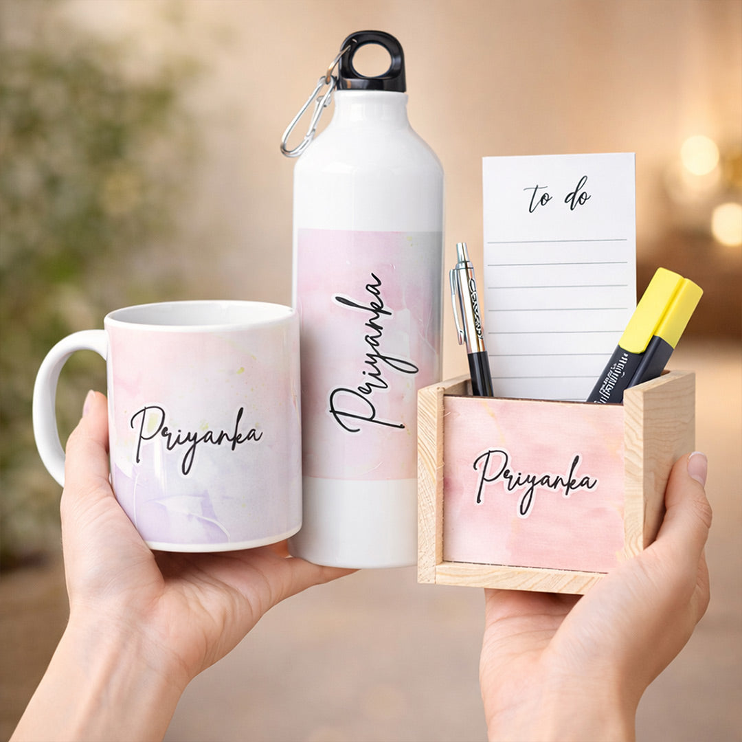 Personalized Gift Combo Set for Women – Custom Name Water Bottle, Coffee Mug & Wooden Pen Holder Desk Organizer | Birthday Gift for Girls, Sister & Friend | Love Craft Gifts