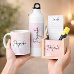 Personalized Gift Combo Set for Women – Custom Name Water Bottle, Coffee Mug & Wooden Pen Holder Desk Organizer | Birthday Gift for Girls, Sister & Friend | Love Craft Gifts