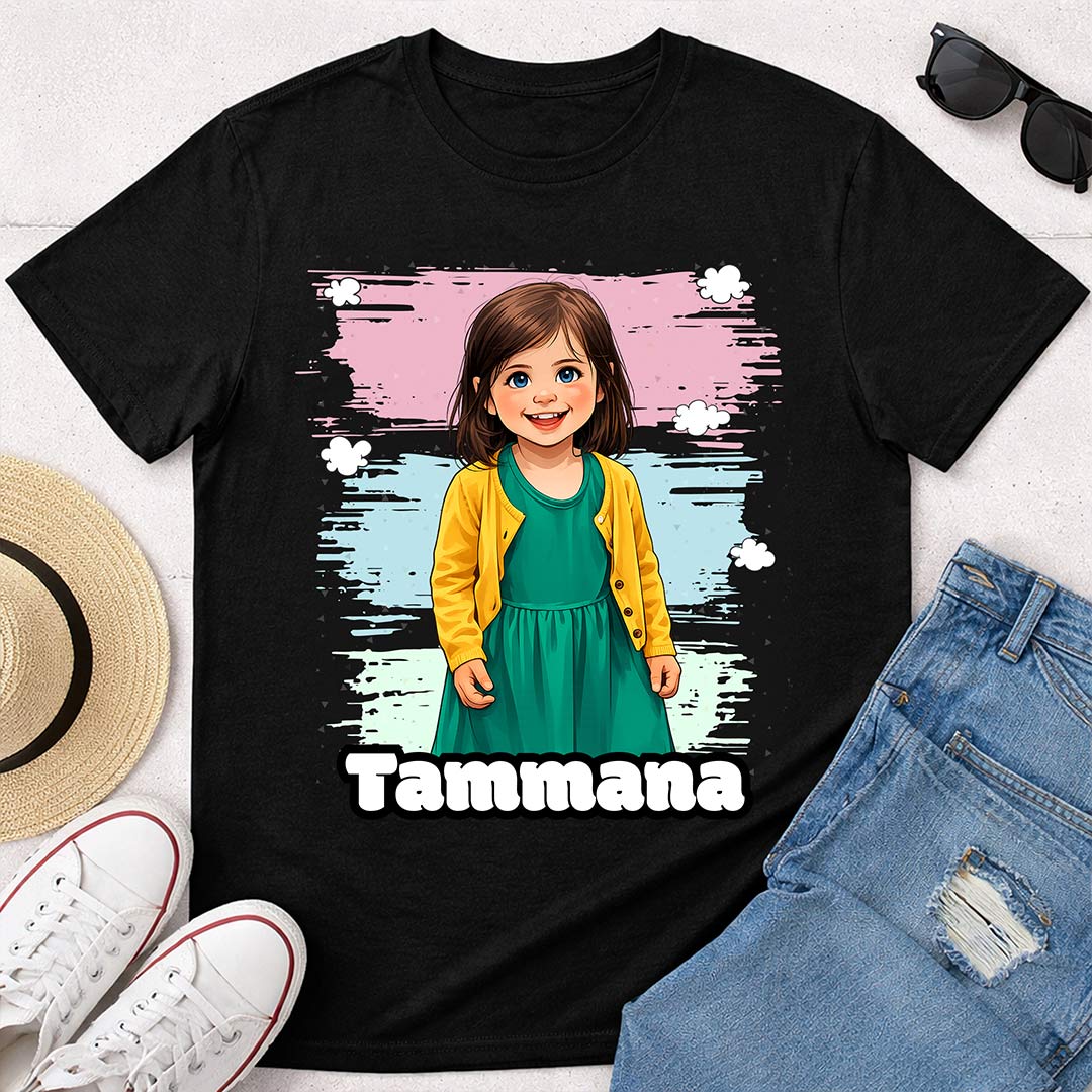 Personalized Cute Girl Photo T-Shirt – Custom Name & Picture Printed Black Tee for Girls | Love Craft Gifts