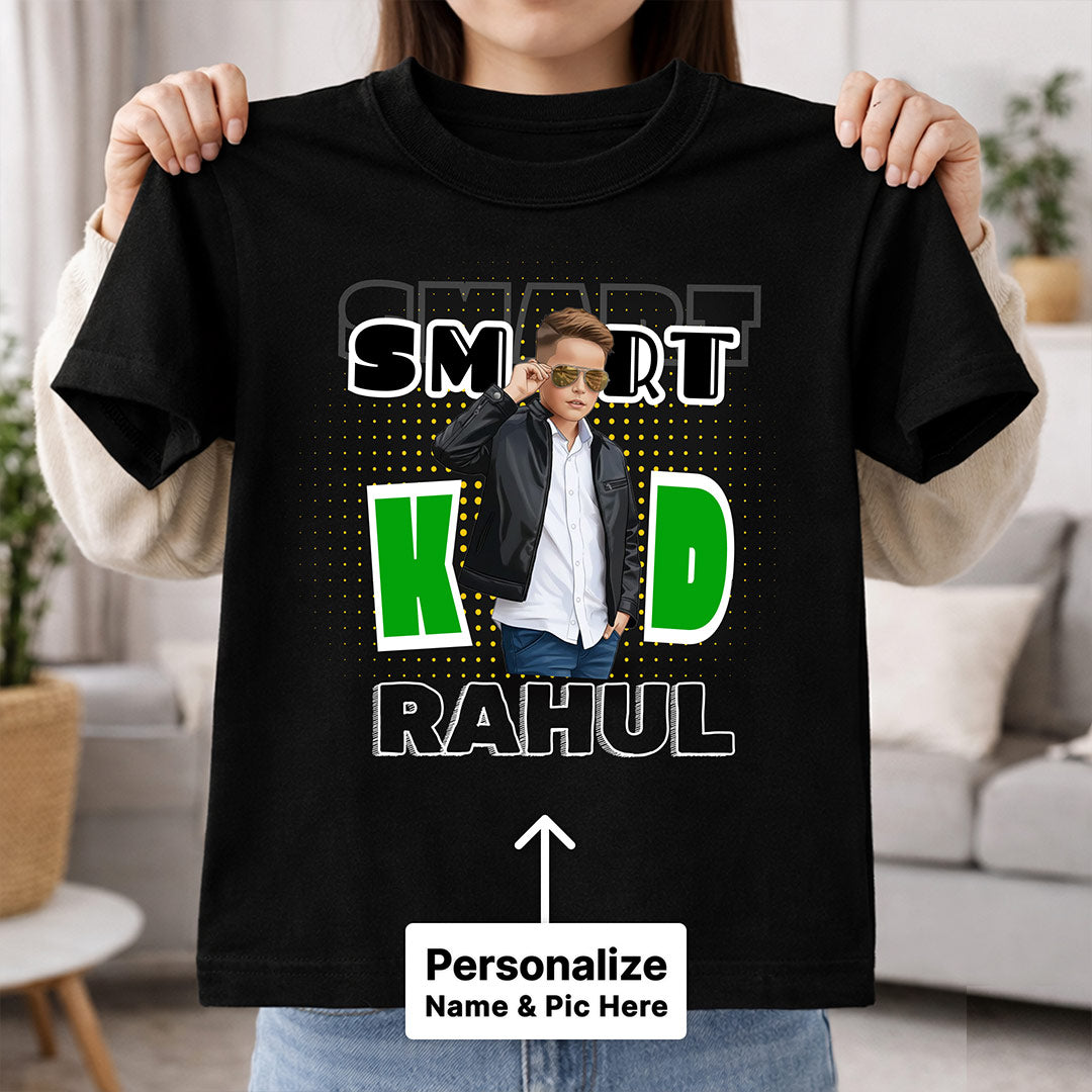 Personalized Smart Kid Boys T-Shirt – Custom Name & Photo Printed Black Tee for Kids | Love Craft Gifts