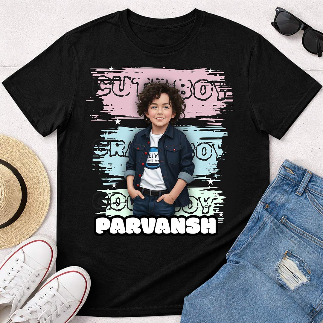 Personalized Cute Boy Photo T-Shirt – Custom Name & Picture Printed Black Tee for Kids | Love Craft Gifts