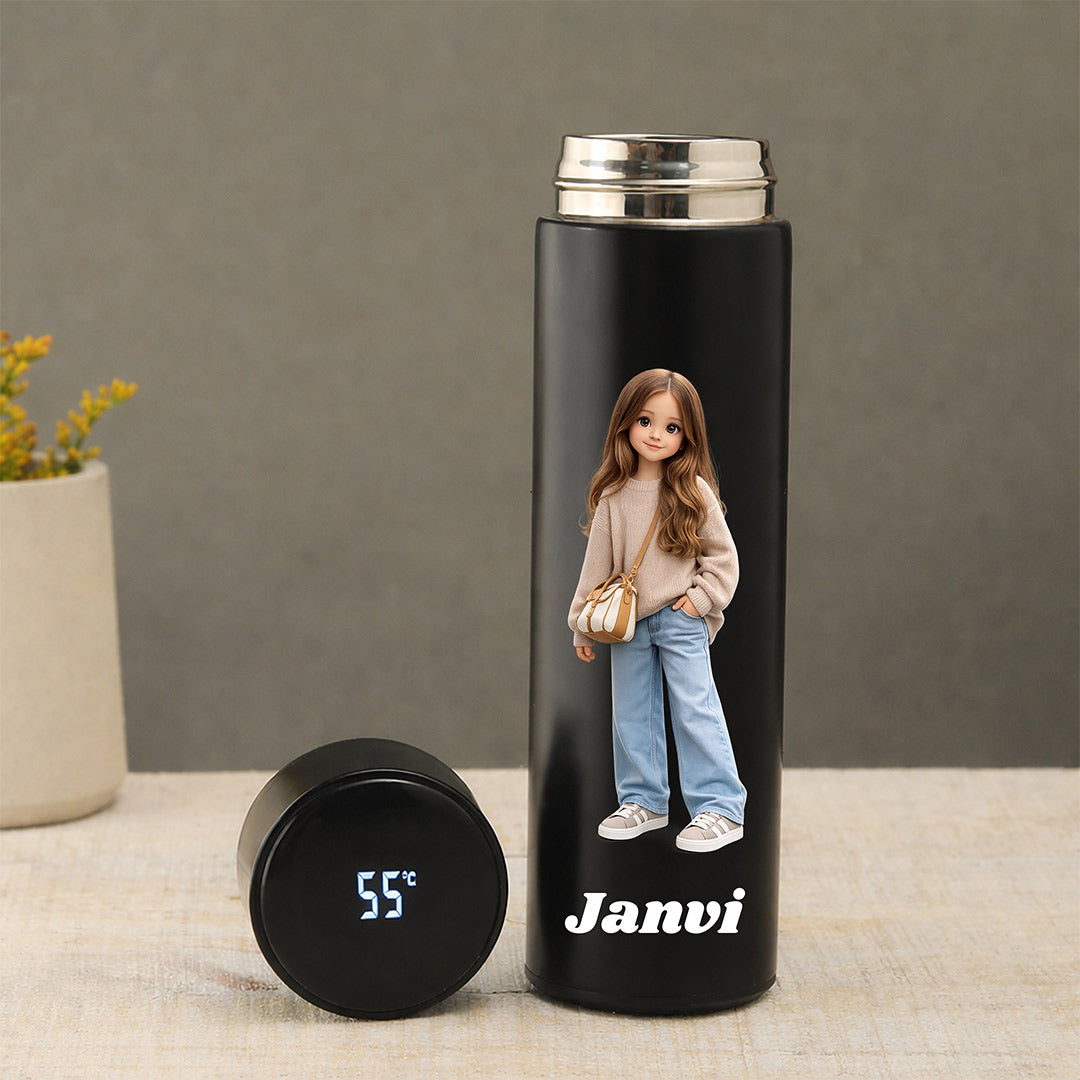Personalized LED Temperature Water Bottle (500ml, Matte Black) – Custom Name & Photo Stainless Steel Vacuum Flask for Kids, Girls & Daily Use | Love Craft Gifts