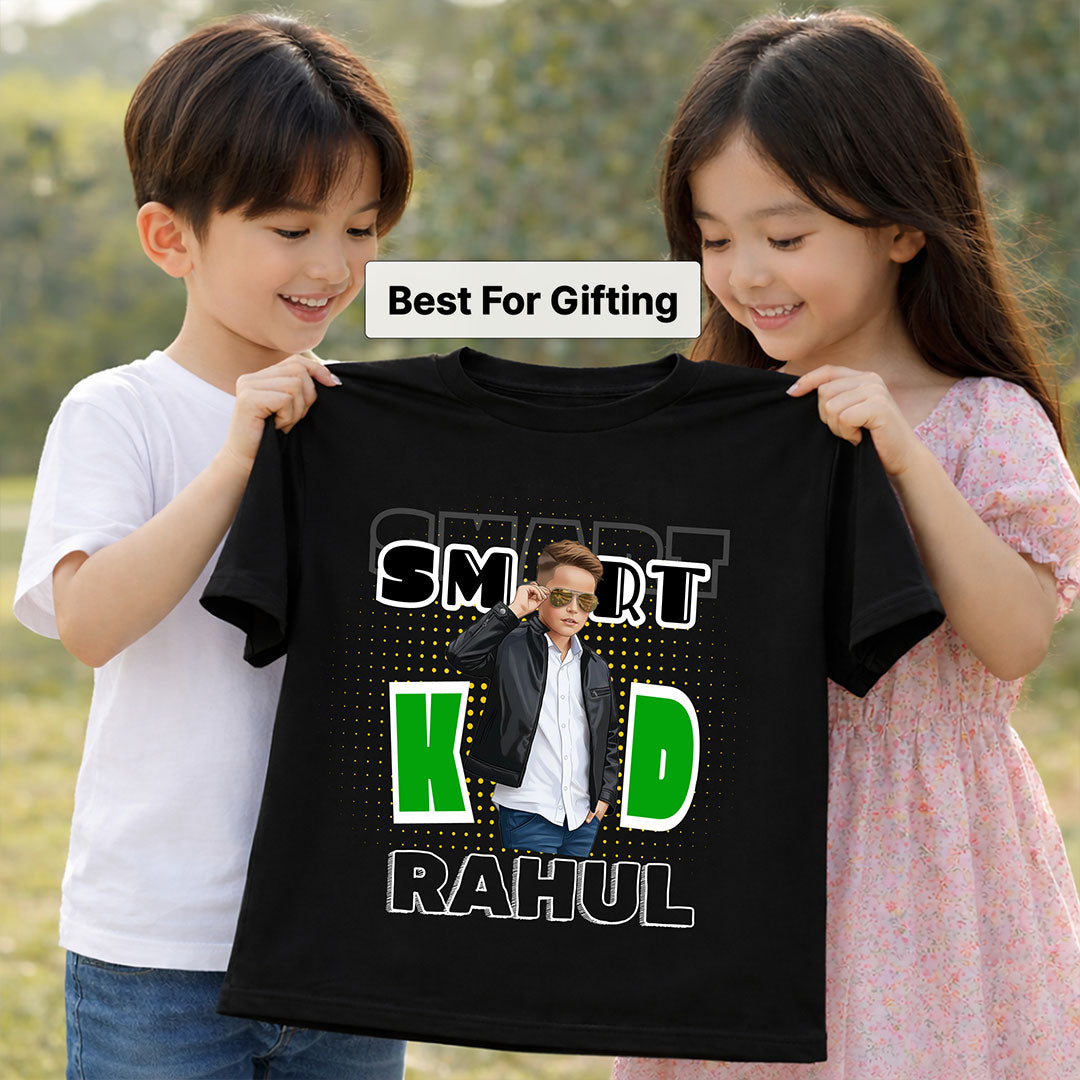Personalized Smart Kid Boys T-Shirt – Custom Name & Photo Printed Black Tee for Kids | Love Craft Gifts
