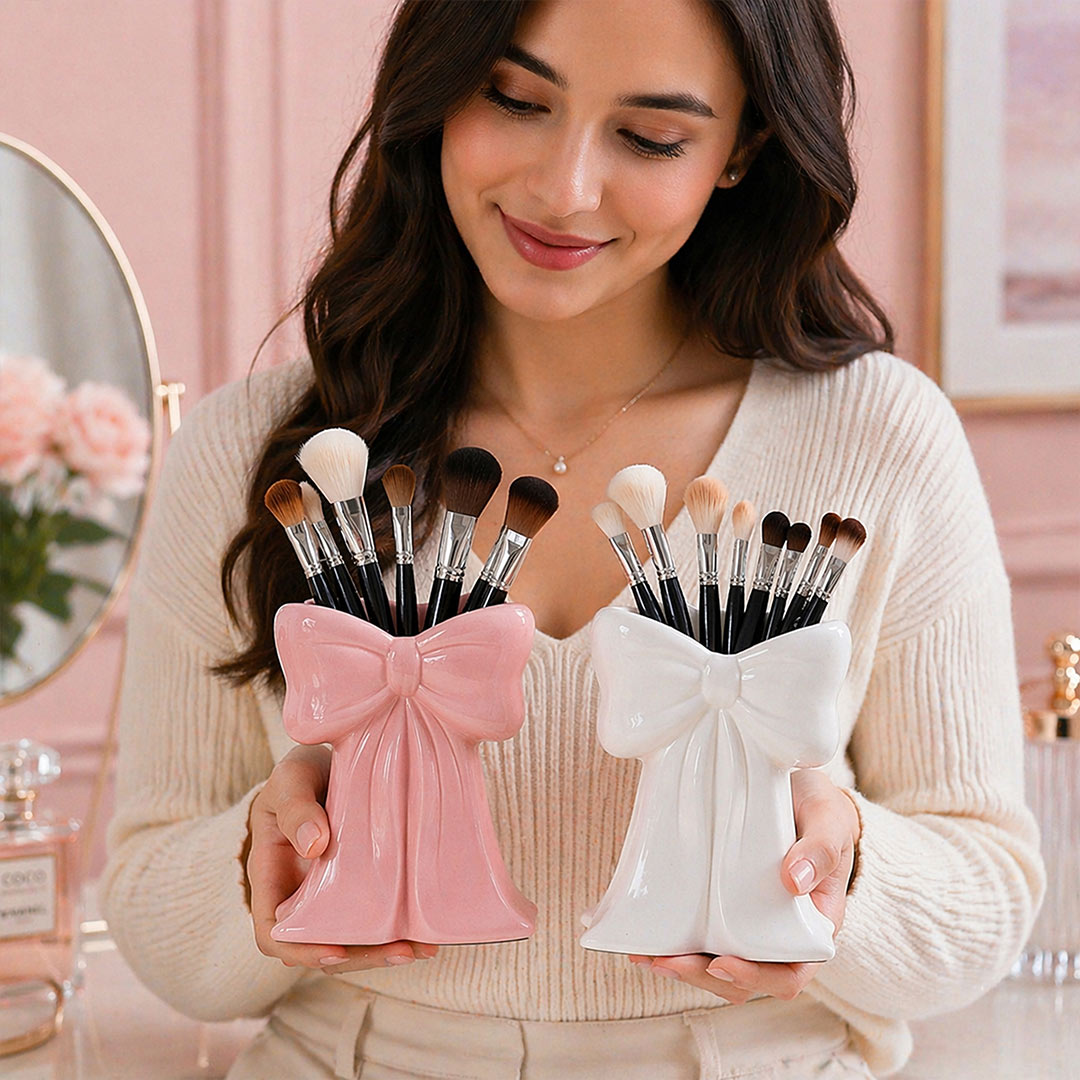 Elegant Bow Makeup Brush Holder – Premium Vanity Organizer for Makeup Brushes & Beauty Tools (Pink & White) | Love Craft Gifts™