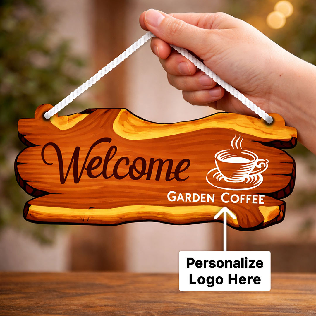 Personalized Wooden Welcome Hanging Sign – Custom Logo Door Sign Board (10×5 Inch)| Love Craft Gifts