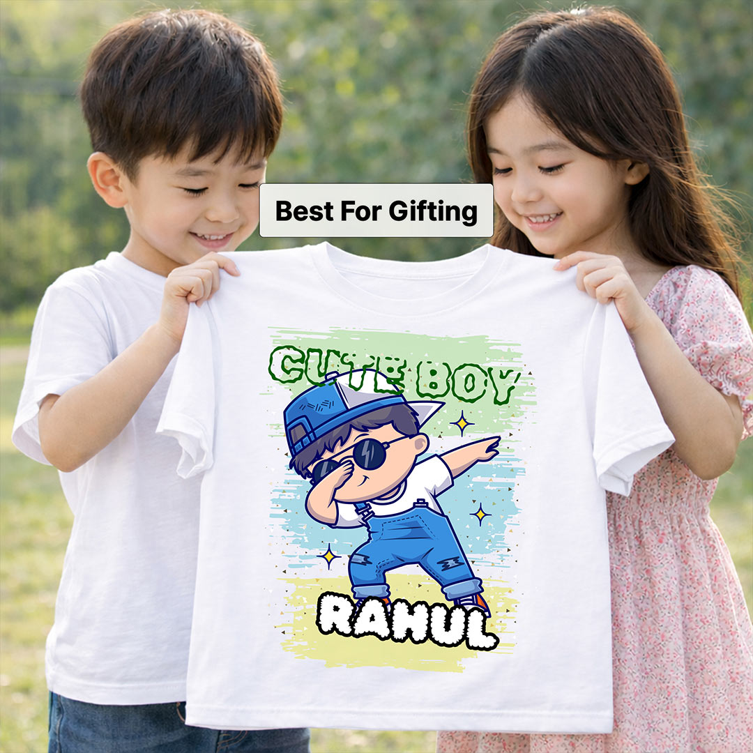 Personalized Cute Boy Name White T-Shirt – Custom Cartoon Boy Printed | Love Craft Gifts