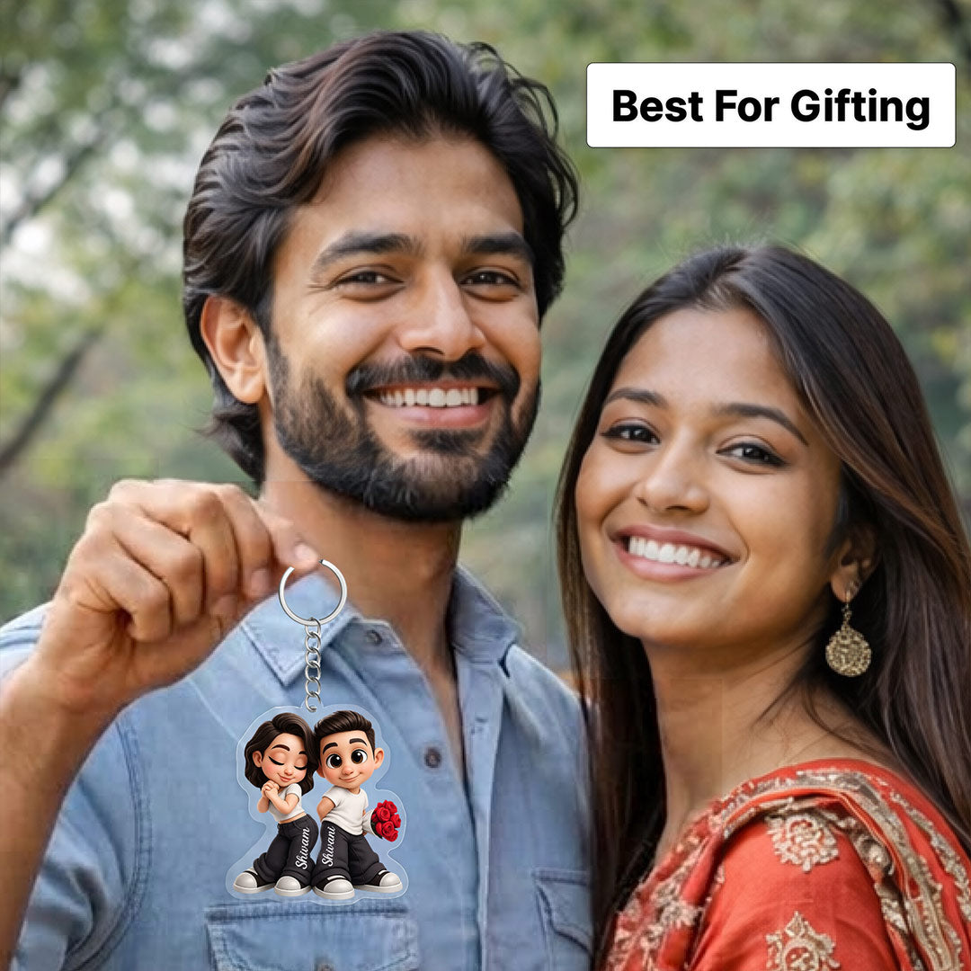 Personalized Cute Couple Cartoon Keychain – Custom Name Acrylic Keyring Gift for Boyfriend, Girlfriend & Couples | Romantic Mini Gift | Love Craft Gifts