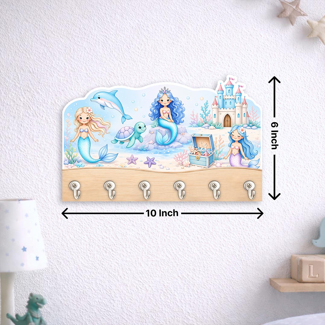 Personalized Mermaid Wooden Key Holder 10x6 Inch – Custom Name Kids Wall Hook Organizer Decor Gift | Love Craft Gifts™