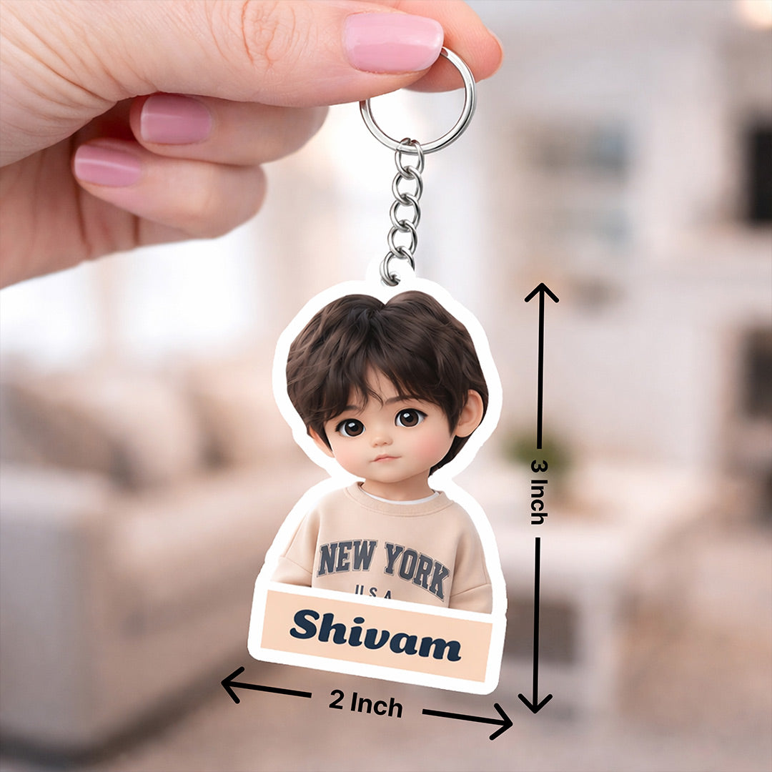 Personalized Kids Cartoon Photo Keychain with Name – Custom Cute Acrylic Key Ring Memory Gift for Boys & Girls (3 Inch) | Love Craft Gifts