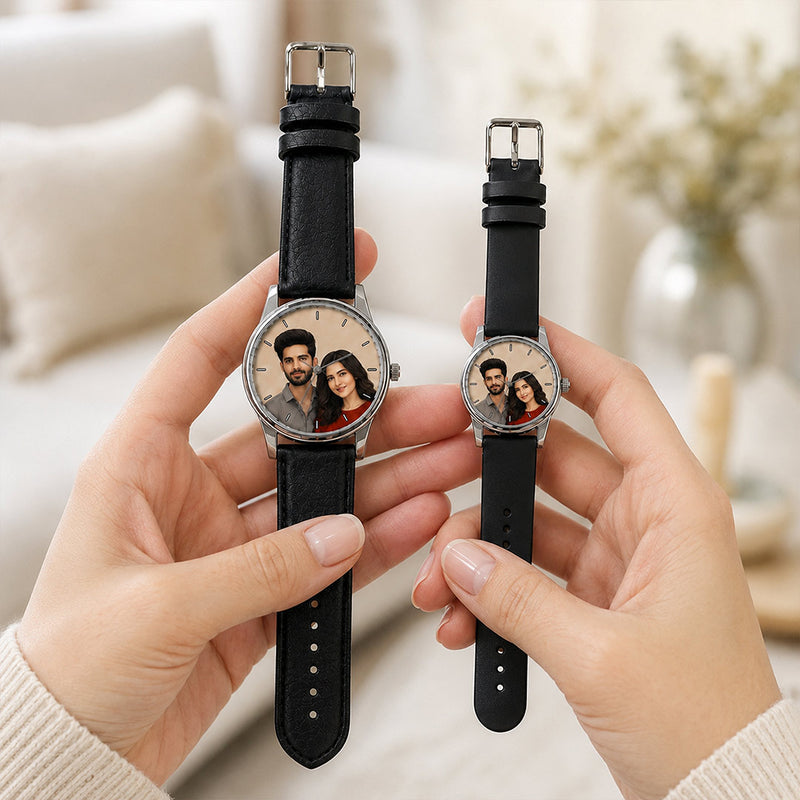 Personalized Couple Photo Watch Set with Black Straps | Custom His & Her Photo Watches | Romantic Couple Gift | Love Craft Gifts™