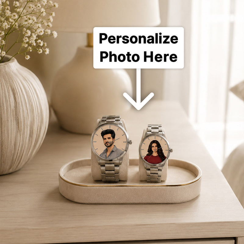 Personalized His & Her Photo Watch Set | Custom Individual Photo Dial Couple Watches | Silver-Tone Matching Wristwatches | Love Craft Gifts™