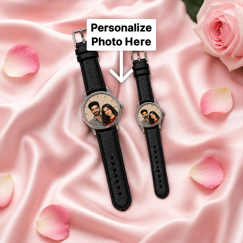 Personalized Couple Photo Watch Set with Black Straps | Custom His & Her Photo Watches | Romantic Couple Gift | Love Craft Gifts™