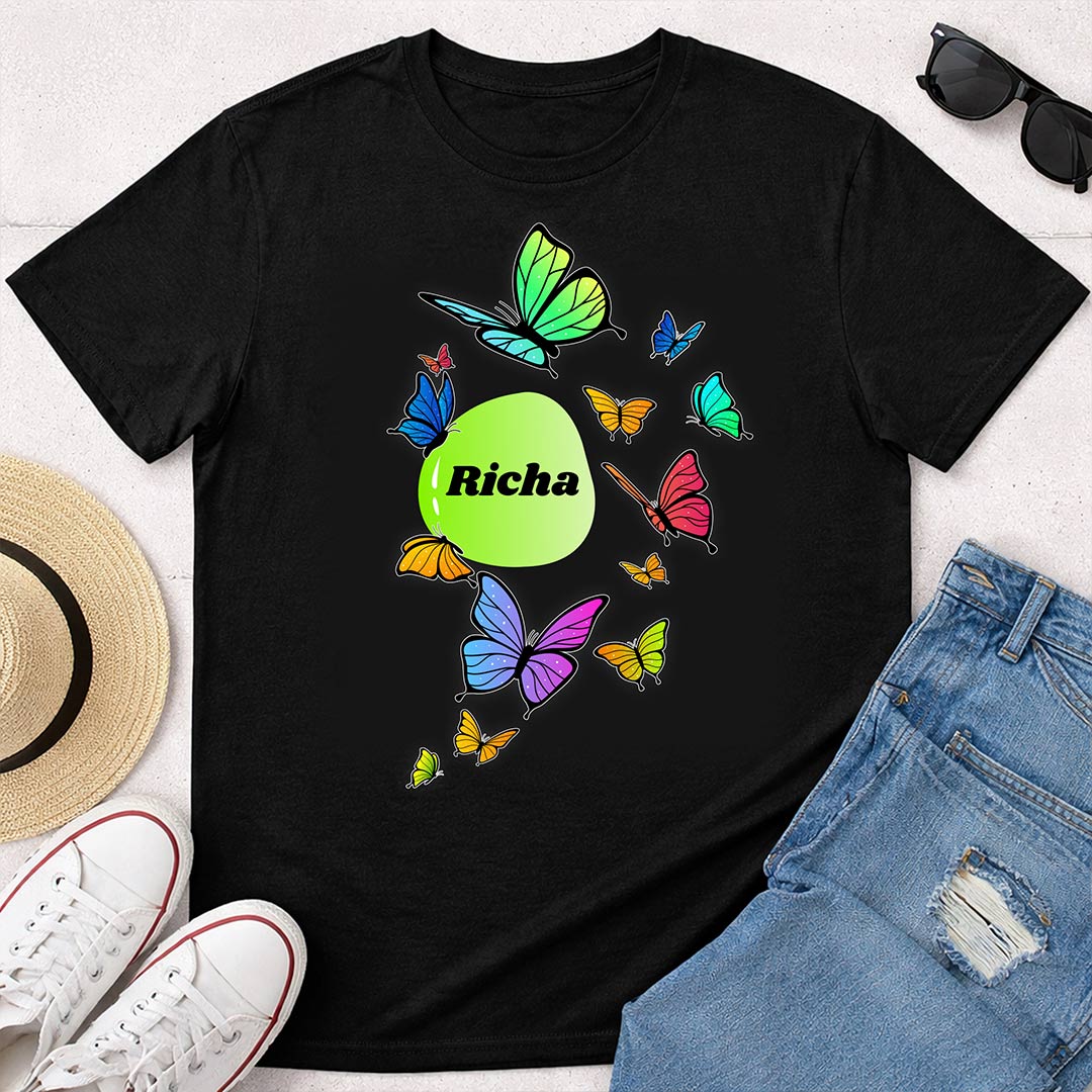 Personalized Butterfly Name Print Black T-Shirt – Custom Name Unisex Tee | Love Craft Gifts