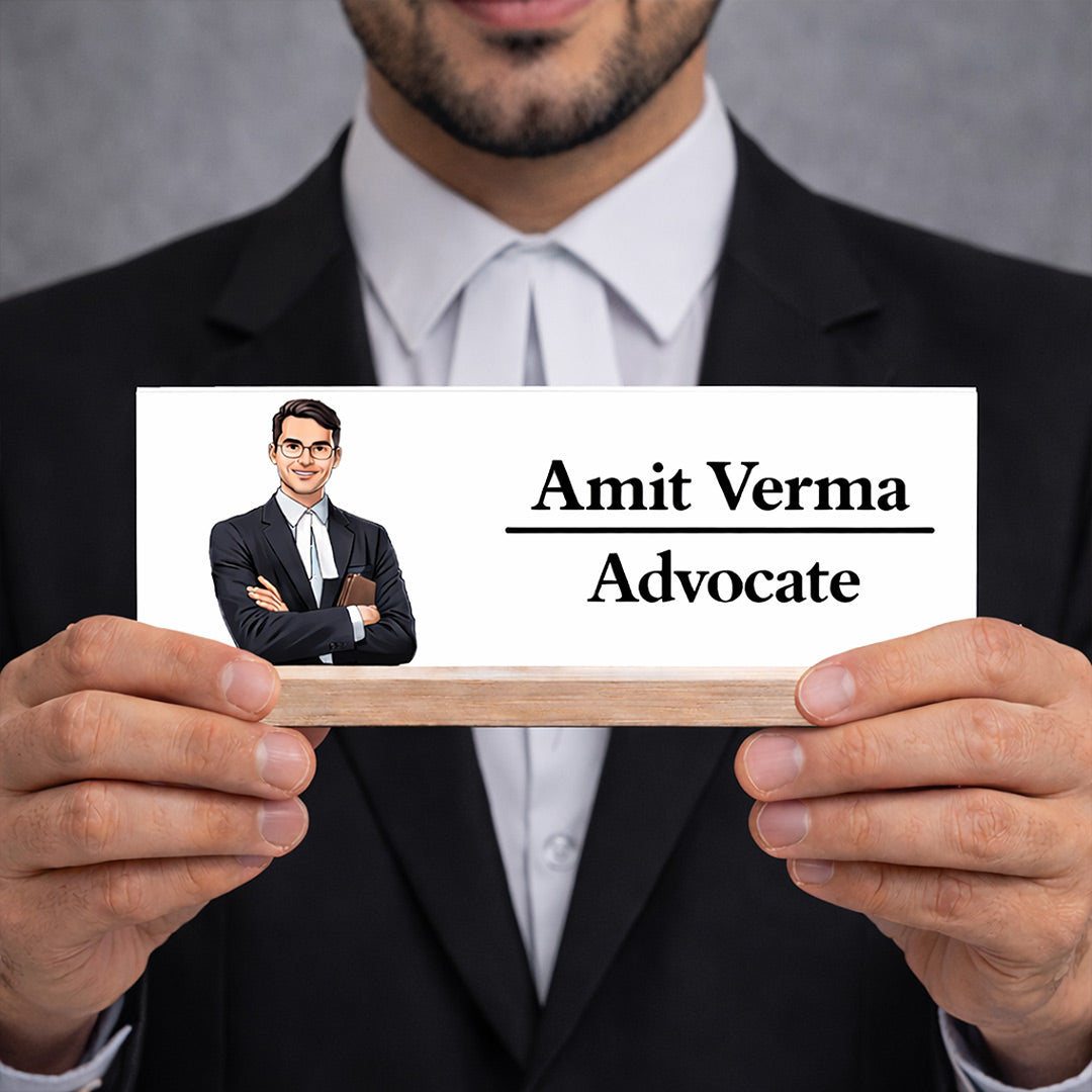 Personalized Wooden Name Desk Name Plate with Photo & Name Custom Print Office Table Name Stand Gift for Advocate, Lawyer, Office Desk | Love Craft Gifts