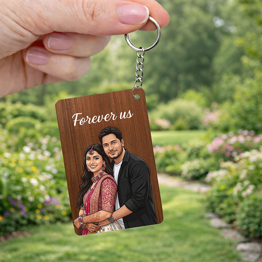 Personalized Wooden Couple Keychain with Cartoon Photo & Name Custom Print (2.5x1.5 Inch) Romantic Key Ring Gift for Boyfriend, Girlfriend, Husband & Wife | Love Craft Gifts