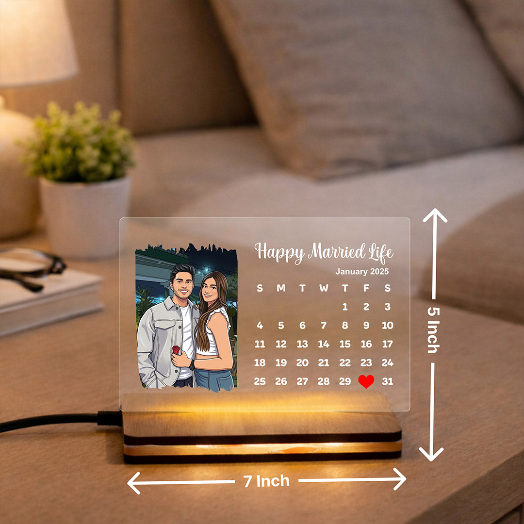 Personalized LED Acrylic Calendar Photo Frame with Warm White Light (7x5 Inch) Custom Couple Photo & Date Night Lamp Gift for Husband, Wife & Couples | Love Craft Gifts