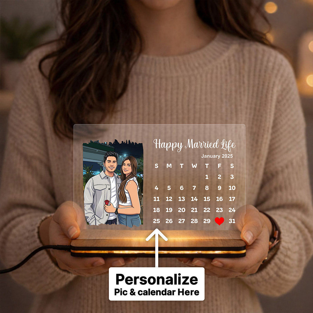 Personalized LED Acrylic Calendar Photo Frame with Warm White Light (7x5 Inch) Custom Couple Photo & Date Night Lamp Gift for Husband, Wife & Couples | Love Craft Gifts