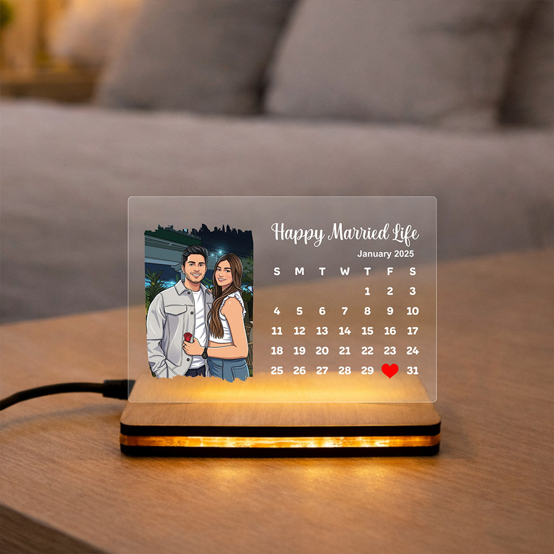 Personalized LED Acrylic Calendar Photo Frame with Warm White Light (7x5 Inch) Custom Couple Photo & Date Night Lamp Gift for Husband, Wife & Couples | Love Craft Gifts