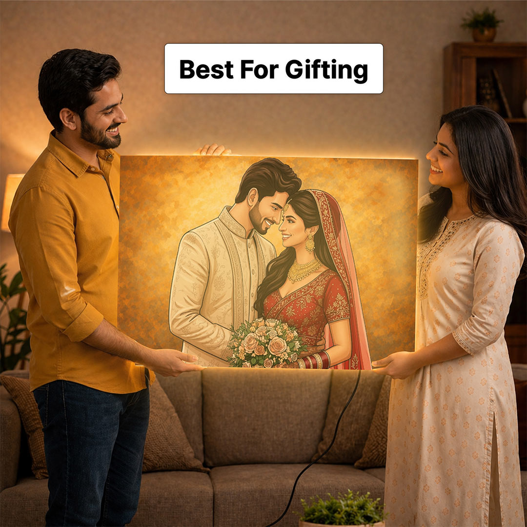 Personalized LED Acrylic Wedding Couple Cartoon Wall Frame with Warm Light (24x36 Inch) Custom Photo Wall Décor Gift | Love Craft Gifts