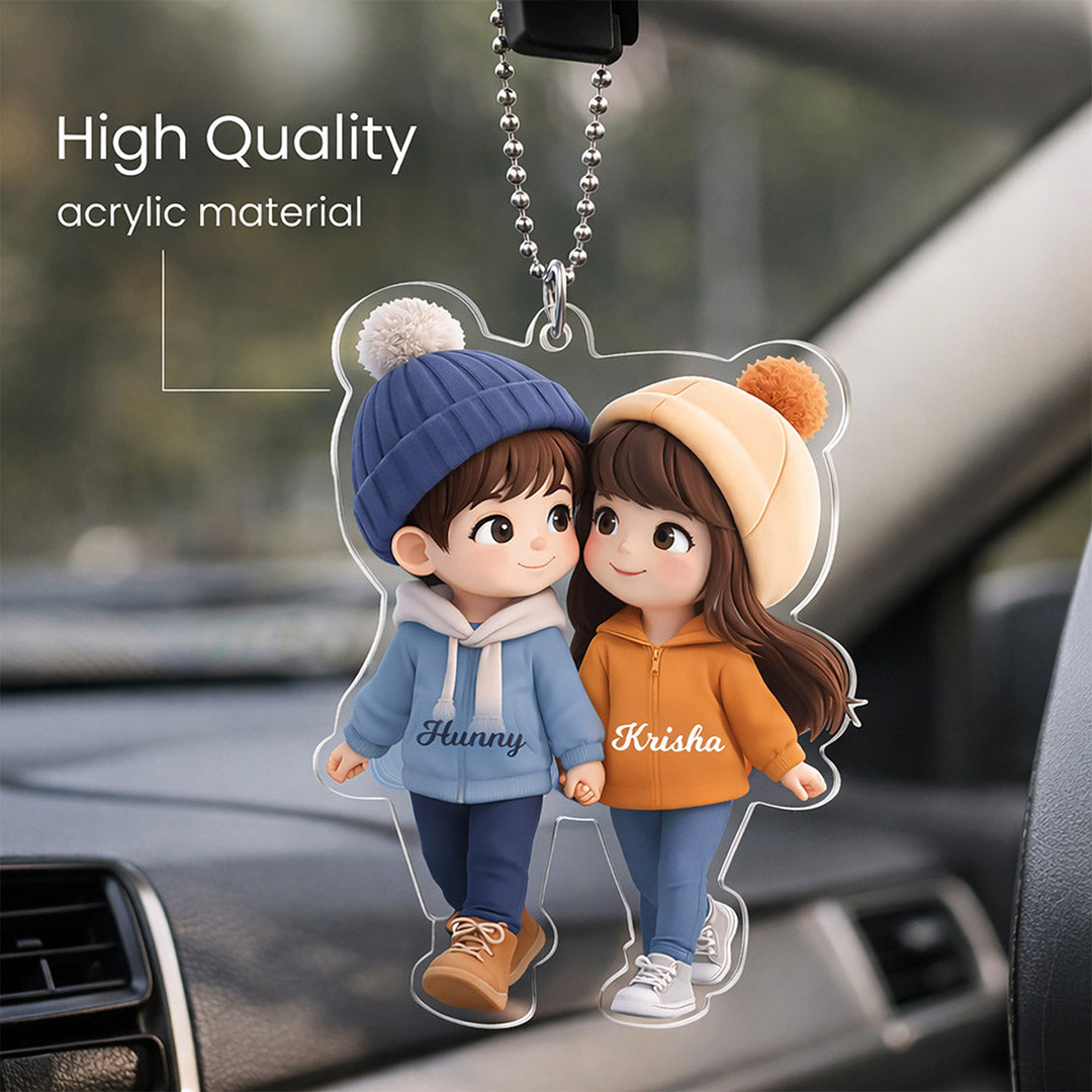 Personalized Cartoon Couple Acrylic Car Hanging – Custom Photo & Name Rearview Mirror Décor (2x2.5 Inch) | Love Craft Gifts