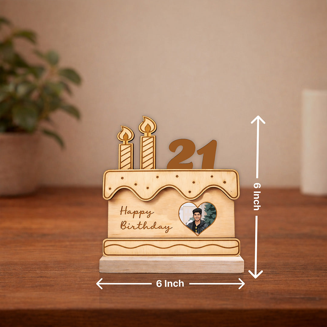 Personalized Birthday Cake Wooden Cutout Stand (6x6 Inch) Custom Photo & Age Table Top Décor Gift | Love Craft Gifts