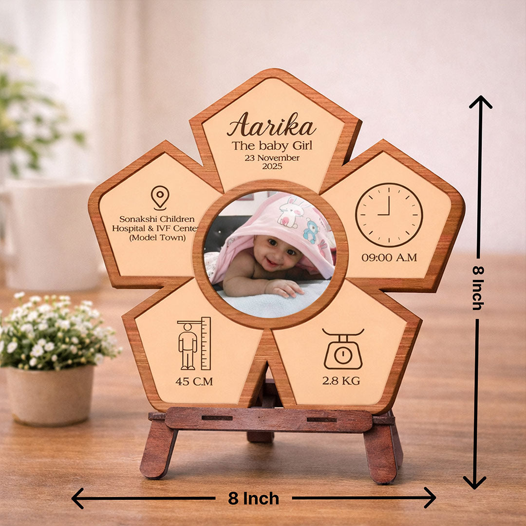 Personalized Baby Birth Details Wooden Flower Table Stand (8x8 Inch) | Love Craft Gifts